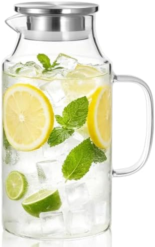 Bivvclaz Short 67.6 oz Glass Pitcher with Lid and Handle, Glass Carafe for Hot/Cold Water, Iced Tea Pitcher for Coffee, Juice and Homemade Beverage