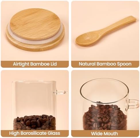 6 Pack Overnight Oats Containers with Bamboo Lids and Spoons - 22 oz Airtight Glass Jars with Lid, Meal Prep Jars for Chia Pudding, Yogurt, Salad, Cereal, Coffee, Flour | Food Storage Canister