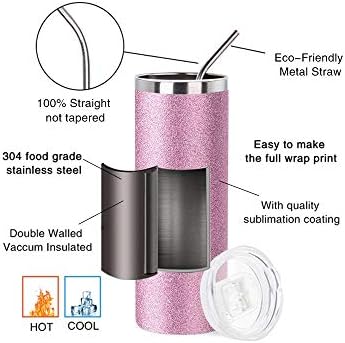 PYD Life 4 Pack Sublimation Tumblers Skinny 20 OZ Glitter Pink with Straw