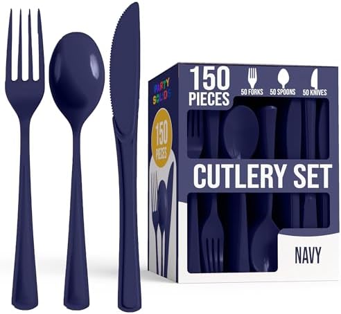 Party Solids Navy Plastic Silverware 150 Pcs Navy Cutlery Set