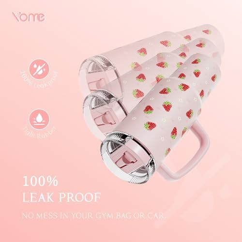 YOME DetaClean 40oz Strawberry Pink Tumbler with Handle and Flip Straw for Women | 100% Disassemblable Lid | Stainless Steel Insulated Water Bottle | 100% Leak Proof | Keeps Drinks Cold
