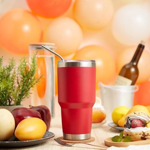MEWAY 30oz Insulated Tumbler With Lids and Straws,Stainless Steel Double Vacuum Coffee Tumbler Cup, Brush, Durable Powder Coated Coffee Cup for Cold & Hot Drinks, Office, Travel(Coral red,8 PACK)