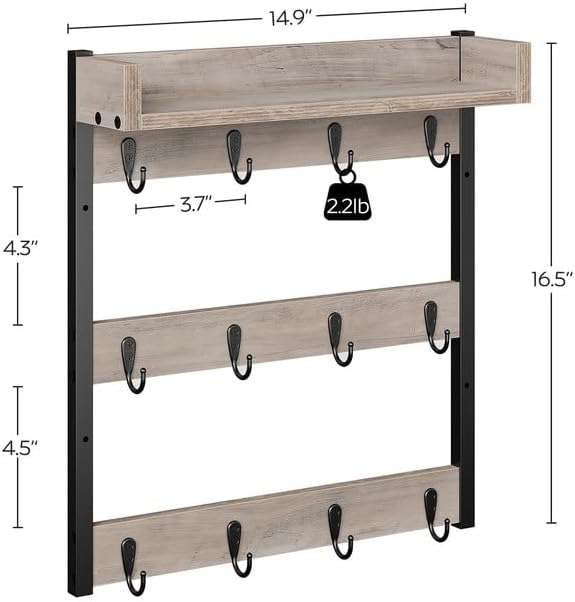 Coffee Mug Holder Stand, 3 Tier Mug Tree Rack, Hanging 12 Cups, with Top Shelf, for Kitchen, Dining Room, Living Room, Cafe, Greige and Black MH42BG