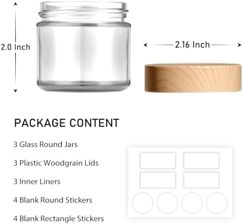 2 oz Small Glass Containers with Lids, Glass Jars with Woodgrain Lids & Inner Liners, Reusable Travel Containers for Creams, Makeup, Lotion, Cosmetic - 3 pack