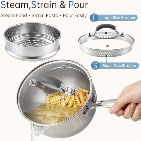 Tri-Ply Stainless Steel Sauce Pan, 2.5 Qt Saucepan with Steamer