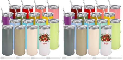 YOUKE OLA 32 Pack Stainless Steel Skinny Tumblers Bulk Straight Double Wall Powder Coated Insulated Tumbler with Lid and Straw for Laser Engrave, DIY Gift, 20oz Mix Colors