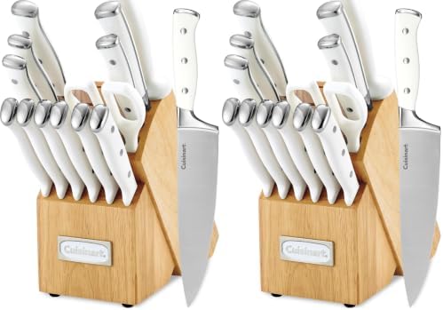 Cuisinart 15-Piece Knife Set with Block, High Carbon Stainless Steel, Forged Triple Rivet, White, C77WTR-15P (Pack of 2)