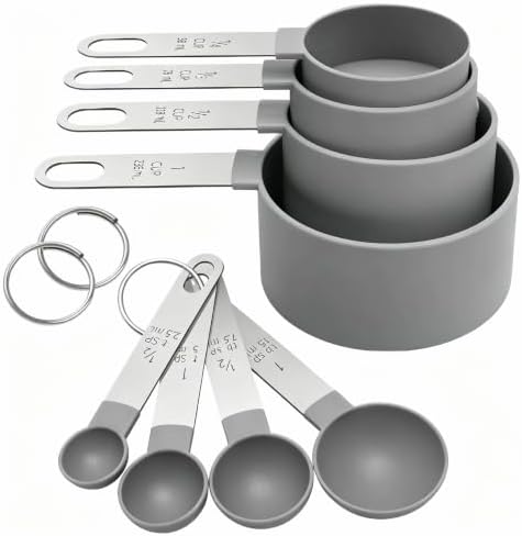 Measuring Cups Set Measuring Spoons Set, Nesting Measure Cups with Stainless Steel Handle, For Measuring Dry and Liquid Ingredients Small Teaspoon with Plastic Head (Grey)