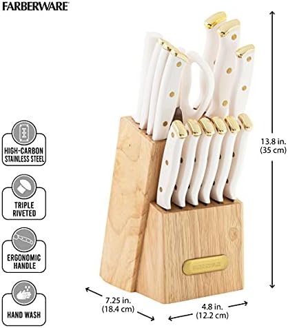 FARBERWARE 15-Piece Knife Block Set, Triple-Riveted High-Carbon Stainless Steel Kitchen Knives, Razor Sharp Blades, Wood Storage Block, White/gold, 15-Piece (Pack of 2)