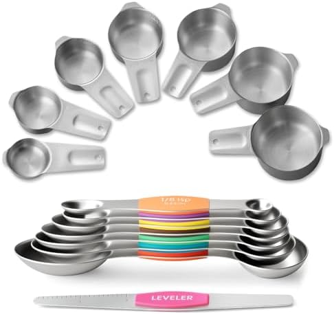 Stainless Steel Measuring Cups & Spoons Set, EWFEN Kitchen Tools Nesting Measuring Cups and Spoons, Fits in Spice Jars for Baking & Cooking, BPA Free, Set of 15 with Leveler, Multicolor