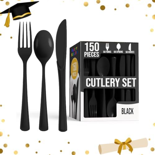 Party Solids Black Plastic Silverware 150 Pcs Black Cutlery Set