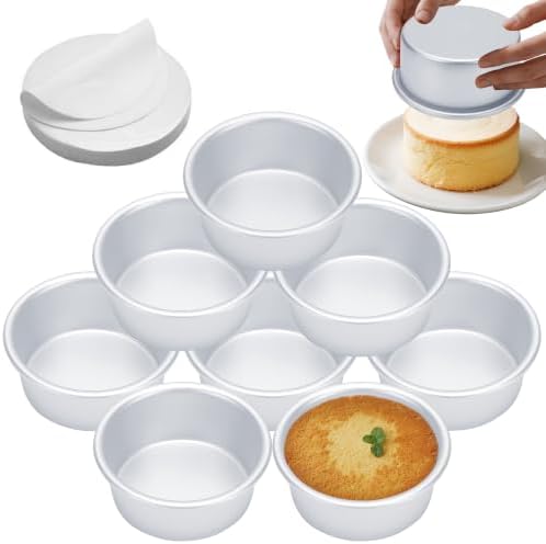 4 Inch Cake Pan Set of 8, Aluminum Mini Cake Pans & 100PCS Parchment Paper