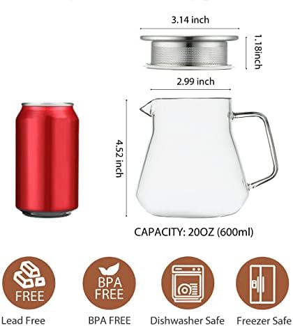 CNGLASS One-Touch Glass Teapot with Stainless Steel Filter Lid,20oz(600ml) Glear Tea Kettle Stovetop Safe,Borosilicate Glass Tea Pots for Loose Leaf Tea