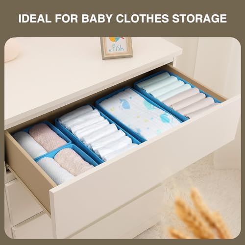 DIMJ Drawer Organizers - Set of 4 Fabric Closet Organizers and Storage, Drawer Dividers for Baby Clothes, Socks, Belt, Tie (Blue)