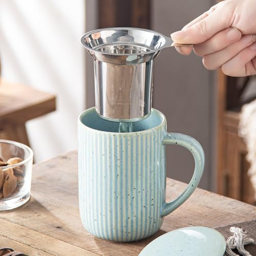 Yundu 15.5oz/470ml Flambe Blue Ceramics Teacups with Infuser and Lid, Loose Leaf Tea Cup