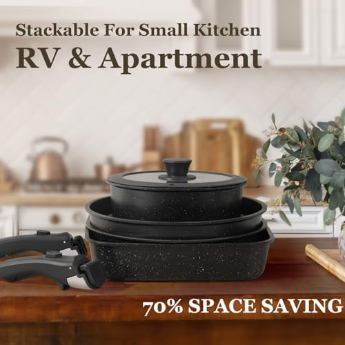 22 Pack Nonstick Pots and Pans Set, KIKCOIN Cookware Set with Detachable Handle, Kitchen Cooking Pans Set with Frying Pan, Grill Pan - Stackable for RV Kitchen, Induction Ready, Dishwasher/Oven Safe