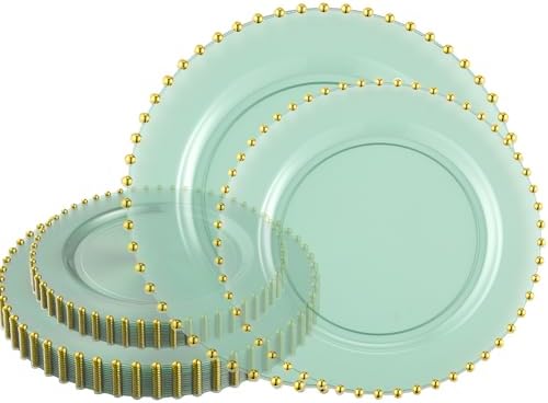 PLASTICPRO 32 Piece Combo Plastic Dinner Plates Disposable Plastic Fancy Heavy Duty Party Dishes 7 inch and 10 inch, Translucent Green and Gold Beaded