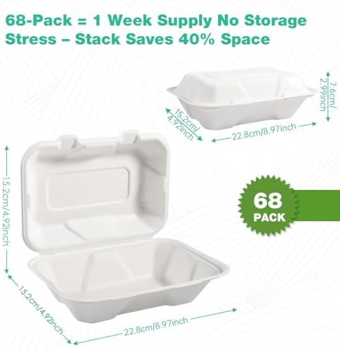 9x6x3 Inch 68 Pack Clamshell Take Out Food Containers, Compostable Disposable Paper To Go Boxes with Lids, Heavy Duty Sugarcane Bagasse Lunch Boxes for Leftovers, Meal Prep & Takeout, White