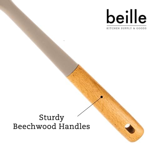 Beille 2pc Beech Wood and Silicone Spatula Set Kitchen Utensils Cooking Baking Supplies Home Essentials, Light Grey