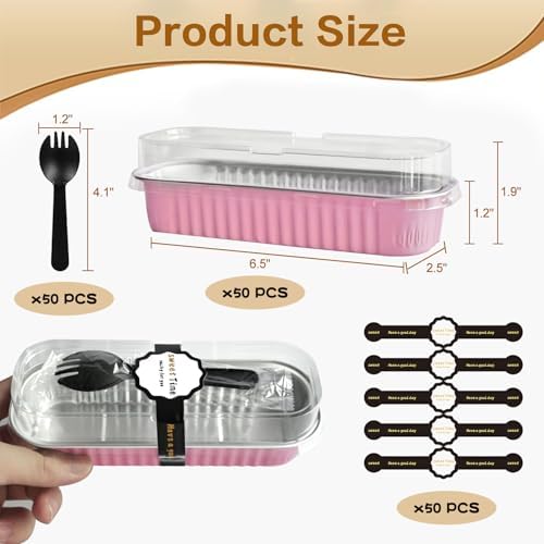 100 Pack Mini Cake Pans with Lids and Spoons, Mini Loaf Baking Pans 6.8oz, Small Disposable Aluminum Foil Loaf Pans, Rectangular Baking Containers for Party and Picnics, Cheesecake Pans (Pink)