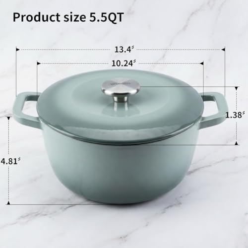 5.5QT Enameled Cast Iron Dutch Oven,Concave Self-Basting Lid,Green
