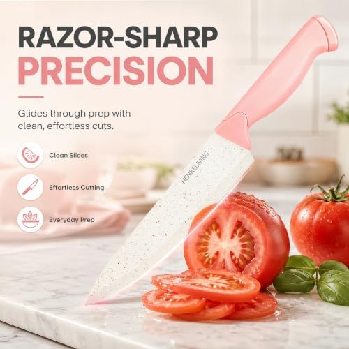14-Piece Peach Pink Knife Block Set with Built-In Sharpener