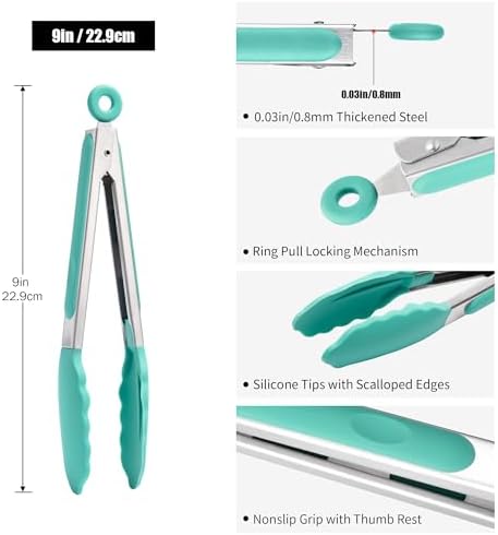 Doosu Kitchen Tongs with Silicone Tips for Cooking Serving (9in, Aqua Sky)