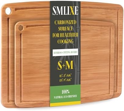 Bamboo Cutting Boards for Kitchen [Set of 2],Carbonized Wood Cutting Board Set with Deep Juice Groove for Chopping Meat, Vegetables, Fruits, Nuts,Lightweight & Durable,Ideal Kitchen Gift