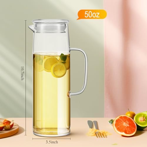 Hsei 2 Sets Glass Pitcher with Lid Water Carafe, Glass Lid, 1.5L