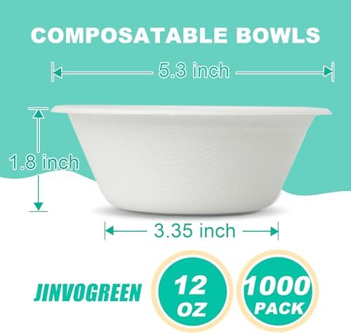 JINVOGREEN 1000 Count 12 oz Paper Bowls Bulk, Compostable Bowls, White