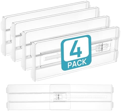 Vtopmart 4 Pack Drawer Dividers for Clothes, 4" High 10.2"-16.5" Adjustable Expandable Dresser Drawer Organizer, Clear Plastic Separators for Dresser, Baby Clothing, Underwear, Cosmetic, Toiletries