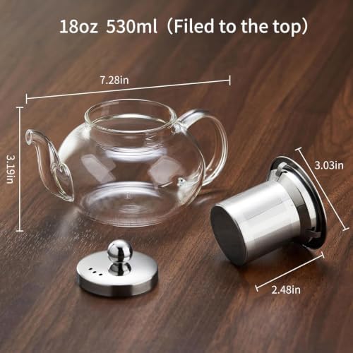 DOPUDO Small Glass Teapot with Infuser, 18 oz 530ml Borosilicate Tea Kettle
