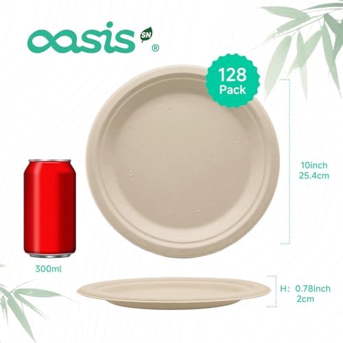 10 Inch Paper Plates 128 Pack, Heavy Duty Disposable Dinner Plates, Large Compostable Sugarcane Bagasse Plates, Leak Resistant, Cut Resistant, Microwave Safe, Natural