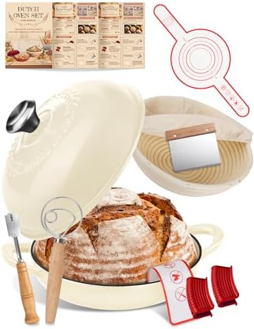 Dutch Oven Bread Baking Pot with Lid 6QT Enameled Cast Iron Oven, White Design & Complete Sourdough Kit (Banneton Basket, Dough Tools, Silicone Sling) for Artisan Bread Making