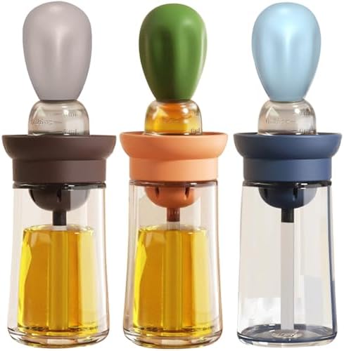 Oil Dispenser with Brush - 3 Pack 2 IN 1 Olive Oil Dispensing Bottle with Basting Brush for Cooking Frying Baking Kitchen, 180ml, T-OB21 Blue+Grey+Green