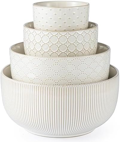 Mikiegy Ceramic Mixing Bowls Set of 4, Nesting Ceramic Embossment Stoneware Mixing Bowls for Cooking, Serving, Popcorn, Salad etc, Microwave & Dishwasher Safe, 20/44/98/145 oz, Off-White