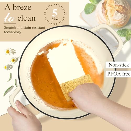 Enameled Round Cast Iron Bread Oven, 6 Qt Cast Iron Dutch Oven for Homemade Sourdough Bread Baking, Bread Pot with Dome Lid & Cotton Potholders (Cream White)