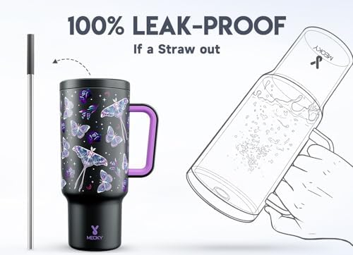 Meoky 40 oz Glow in the Dark Tumbler with Handle and Straw, Tumbler with Lid and Straw, Insulated Stainless Steel Travel Mug, 100% Leak-proof, Keeps Cold for 34 Hours (Butterfly)