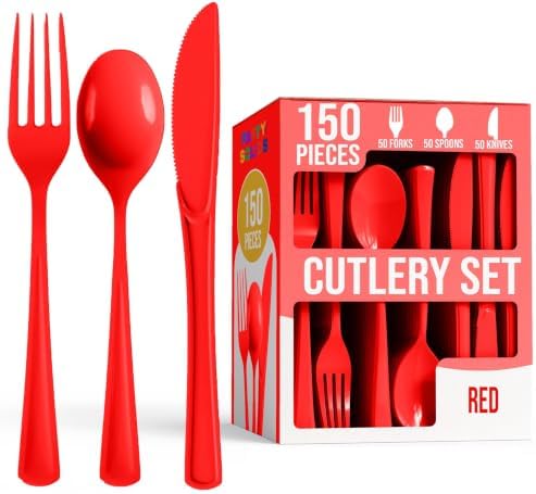 Party Solids Red Plastic Silverware 150 Pcs Red Cutlery Set