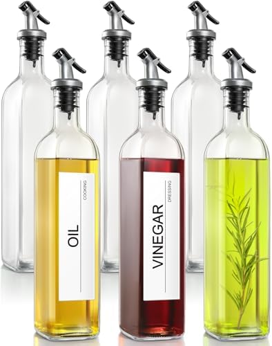 gmisun Olive Oil Dispenser Bottle for Kitchen, 6 Pack 17 Fl Oz Glass Oil Dispensers Bottles, Clear Cooking Vegetable Oil Dispenser Container Cruet Set with Plastic Pourer Spout, Funnel and Labels