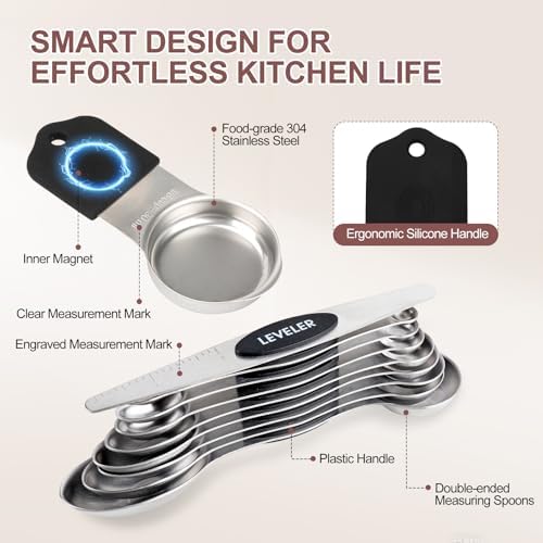 16-Piece Magnetic Measuring Cups and Spoons Set, Stainless Steel, Black