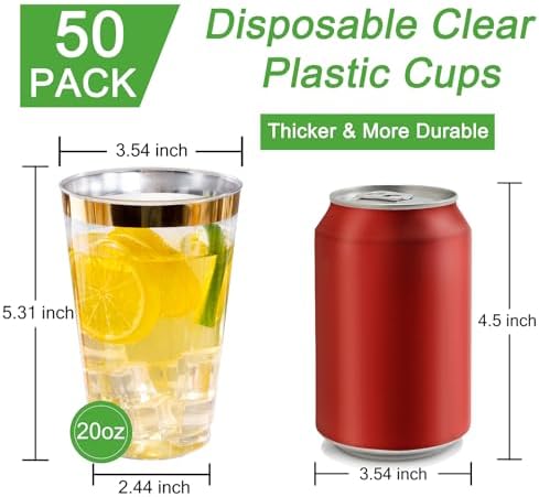 I00000 50 Pack 20 oz Gold Plastic Cups, Elegant Gold Rimmed Plastic Cups, Disposable Cocktail Glasses Wine Glasses, 20 oz Premium Tumblers Perfect for Birthday, Party & Wedding
