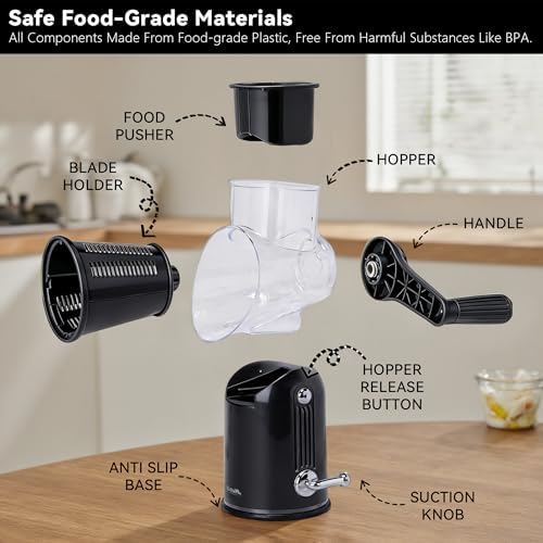 Rotary Cheese Grater with Handle, 5-Blade Cheese Shredder, BPA-Free (Black)