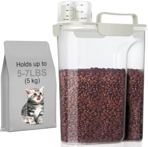 LEAWALK 5Lbs Dog Cat Storage Container Portable with Upgraded Large Spout and Cup, Plastic Pet Food Dispenser for Small Animal Kibble, Bird Seed, Oatmeal, Rice, Flour, Brown Sugart -Elegant White