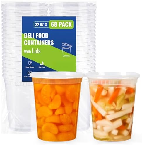 AOZITA 68 Sets 32 oz Plastic Deli Containers With Lids, Airtight Food Storage Containers, Freezer/Dishwasher/Microwave Safe, Takeout Meal Prep Storage