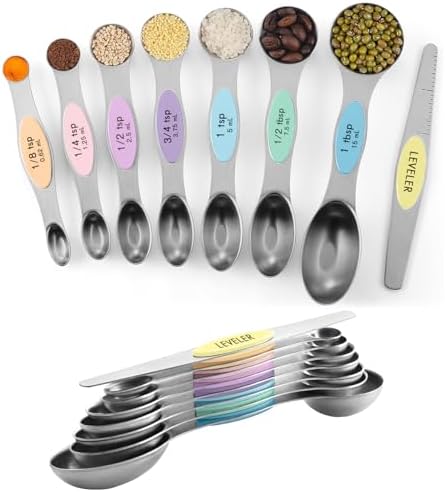 ChefAide Set of 8 Magnetic Measuring Spoons, Stainless Steel, Dual Sided