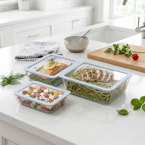 Urban Green Glass Food Container Set with Silicone Glass Lid, 3 Pack, Airtight, LeakProof, 100% Plastic Free, Meal Prep Food Storage Containers