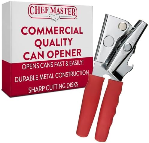 Chef-Master Commercial Can Opener, Multi-Purpose Can-Opener Manual, Easy Turn Anti-slip Grip Knobs, Sharp Cutting Discs, Manual Handheld With Soft Handle for Large Cans & Kitchen Use -90226