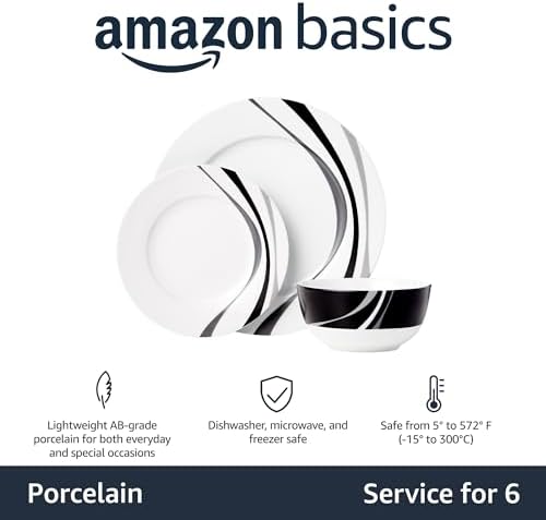 Amazon Basics 18-Piece Complete Kitchen Dinnerware Set, Microwave and Dishwasher Safe, Plates, Dishes, Bowls, Swirl, Heat Resistant, Service for 6, Everyday Use