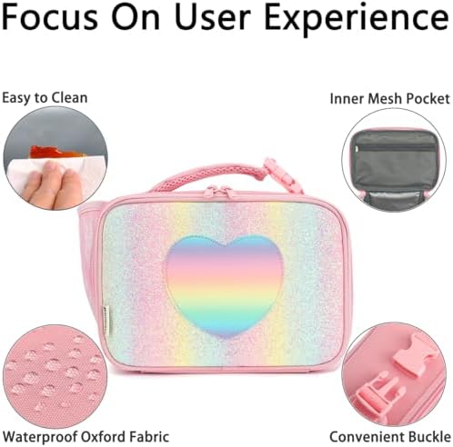 GYEUKHAM Insulated Lunch Box for School, Thermal Reusable Durable Freezable Lunch Bags for Kids Boys Girls Men Women - Small Soft Cooler Portable Lunch Tote Kit for Work Picnic Travel,Rainbow Glitter